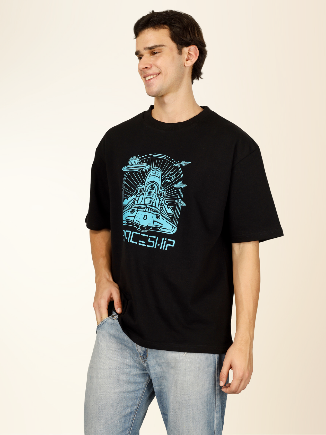 Men’s Oversized Graphic Cotton T-Shirt – Drop Shoulder Street Style Tee - Black