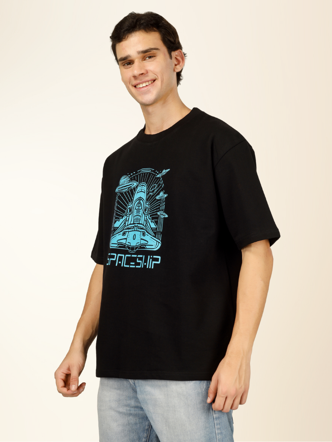 Men’s Oversized Graphic Cotton T-Shirt – Drop Shoulder Street Style Tee - Black