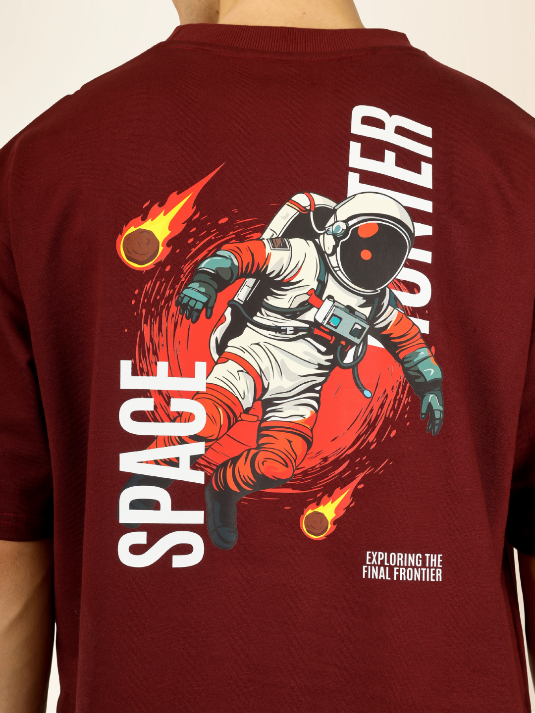 Men’s Oversized Graphic Cotton T-Shirt – Drop Shoulder Street Style Tee - Maroon