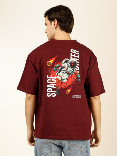 Men’s Oversized Graphic Cotton T-Shirt – Drop Shoulder Street Style Tee - Maroon