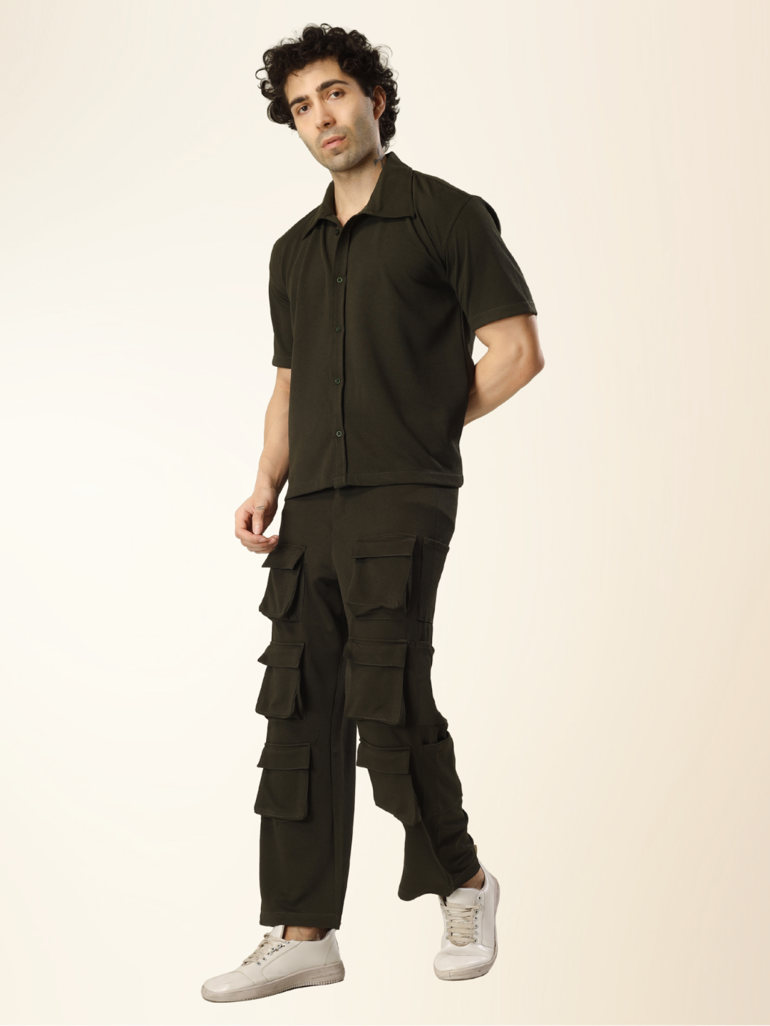 Men’s Olive Cargo Pants & Shirt Set – 12-Pocket Utility Design with Smart Casual Style
