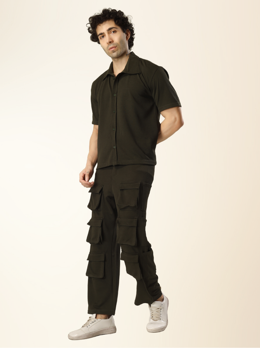 Men’s Olive Cargo Pants & Shirt Set – 12-Pocket Utility Design with Smart Casual Style
