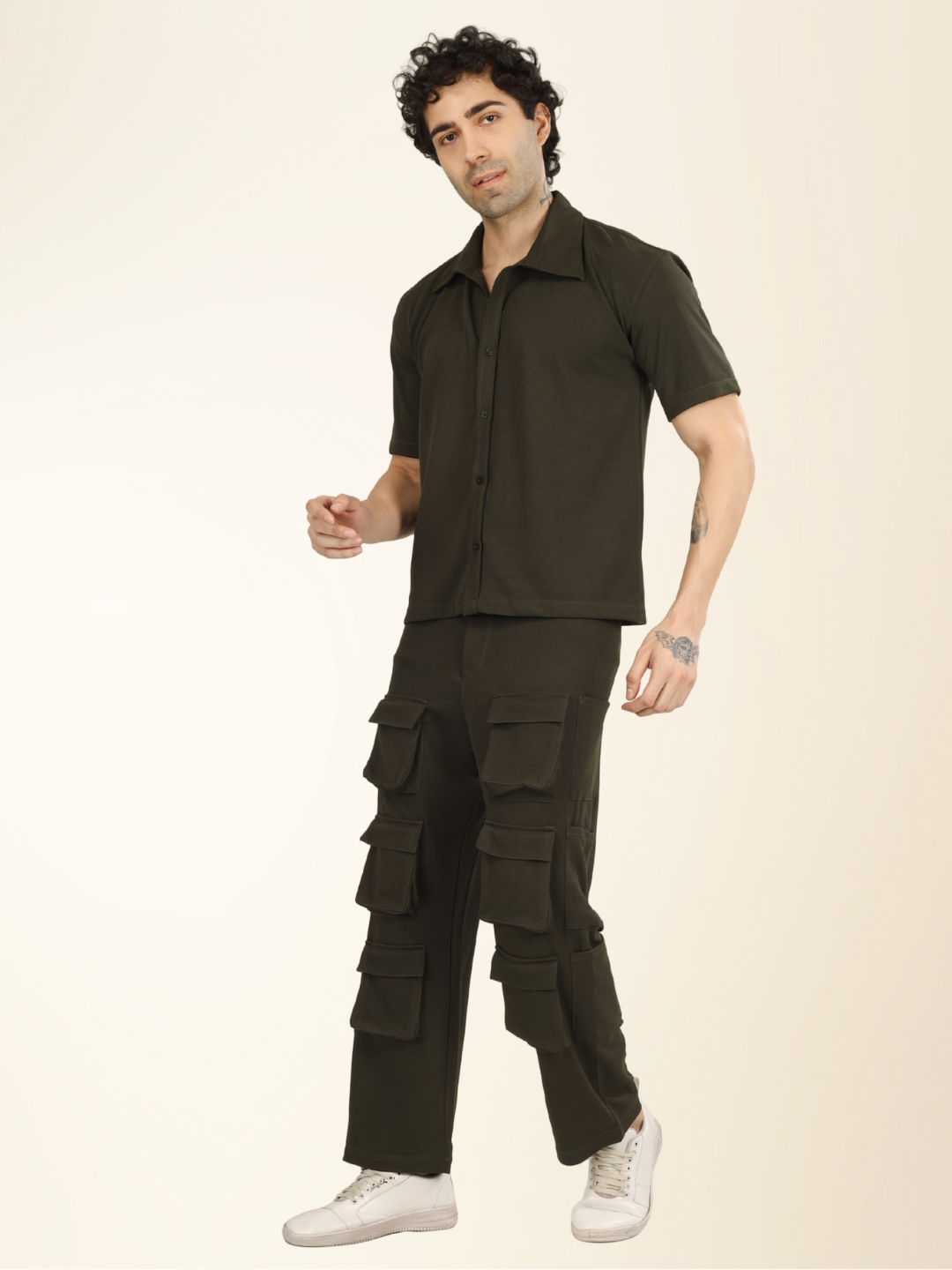 Men’s Olive Cargo Pants & Shirt Set – 12-Pocket Utility Design with Smart Casual Style