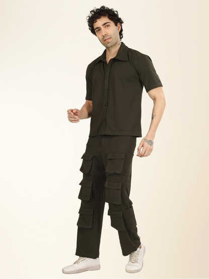 Men’s Olive Cargo Pants & Shirt Set – 12-Pocket Utility Design with Smart Casual Style
