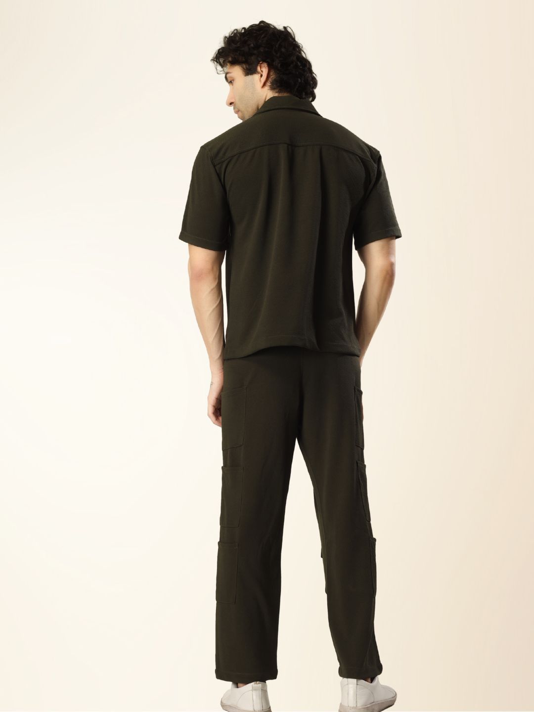 Men’s Olive Cargo Pants & Shirt Set – 12-Pocket Utility Design with Smart Casual Style