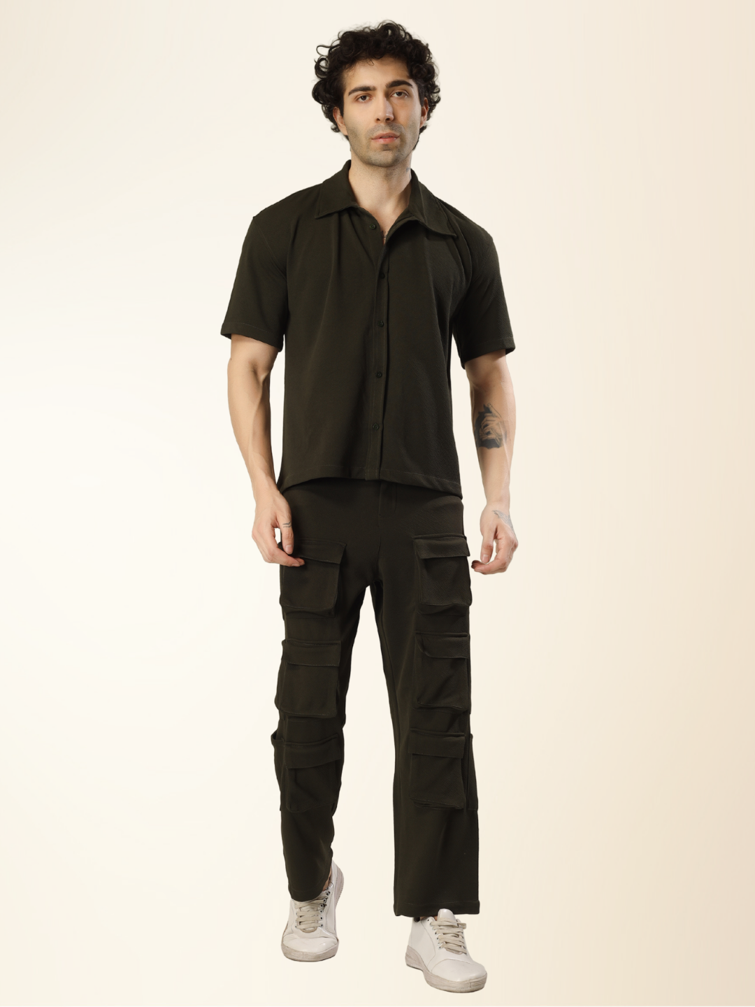 Men’s Olive Cargo Pants & Shirt Set – 12-Pocket Utility Design with Smart Casual Style
