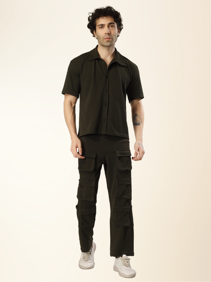 Men’s Olive Cargo Pants & Shirt Set – 12-Pocket Utility Design with Smart Casual Style