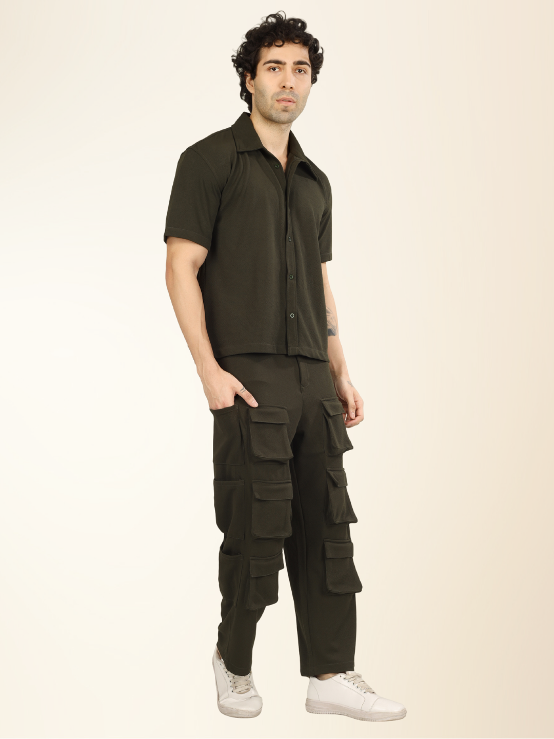Men’s Olive Cargo Pants & Shirt Set – 12-Pocket Utility Design with Smart Casual Style