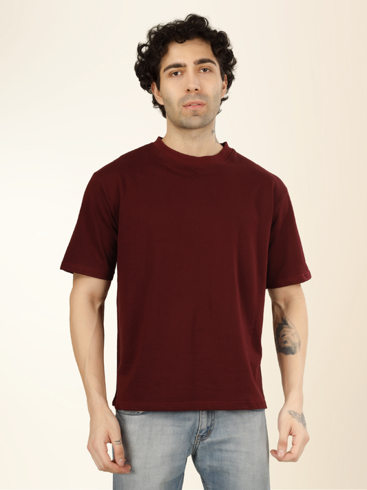 Men’s Drop Shoulder Plain Tee – Relaxed Fit, Everyday Wear - Maroon