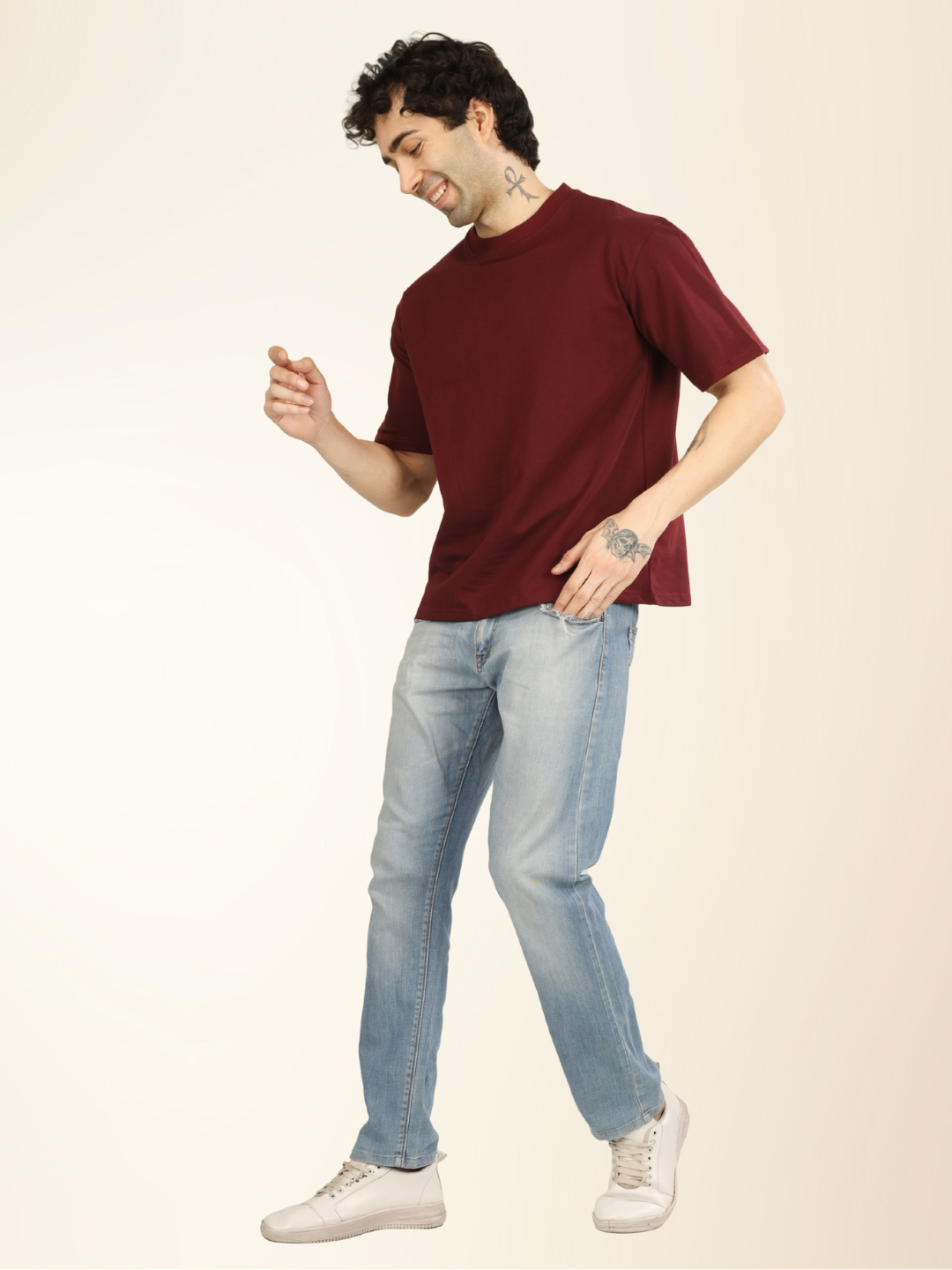 Men’s Drop Shoulder Plain Tee – Relaxed Fit, Everyday Wear - Maroon