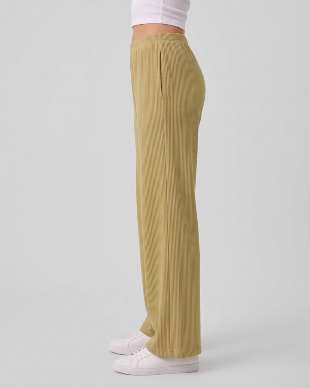Women Ribbed Beige Trousers | Loose Fit Wide Leg Palazzo Pants