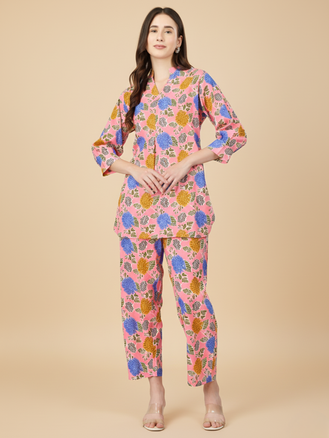 Multicolor Floral Co-ord Night Suit – Soft Rayon Shirt & Lounge Pajama Set