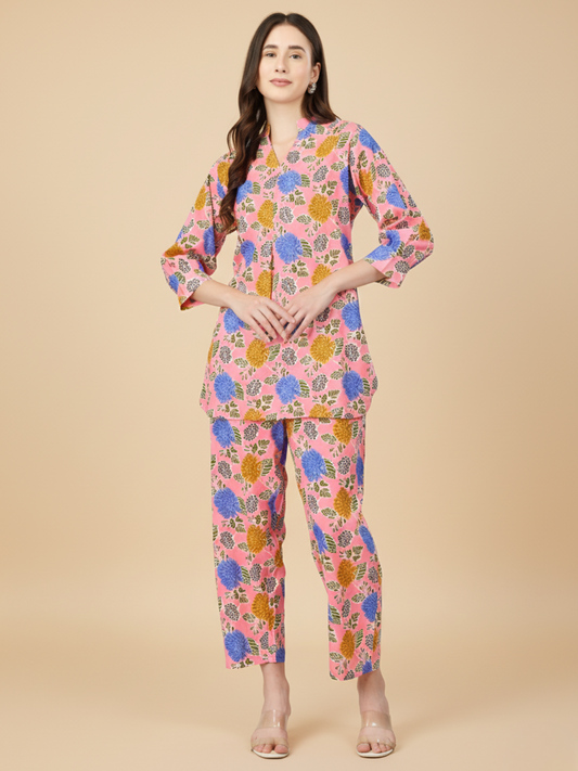 Multicolor Floral Co-ord Night Suit – Soft Rayon Shirt & Lounge Pajama Set