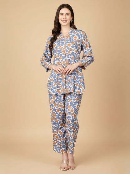 Women Co-ord Set Multicolor Shirt and Pajama – Flower Printed Night wear