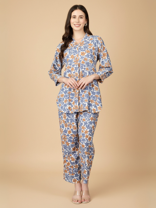 Women Co-ord Set Multicolor Shirt and Pajama – Flower Printed Night wear