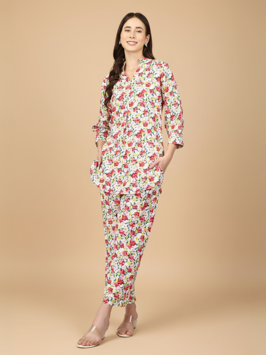 Floral Multicolor Co-ord Set – Soft Shirt & Pajama Nightwear for Women