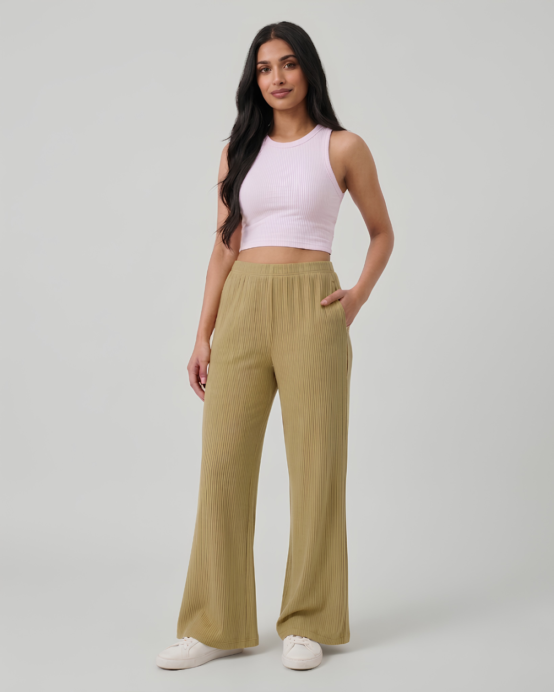 Women Ribbed Beige Trousers | Loose Fit Wide Leg Palazzo Pants