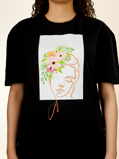 Floral Face Art Black T-shirt
