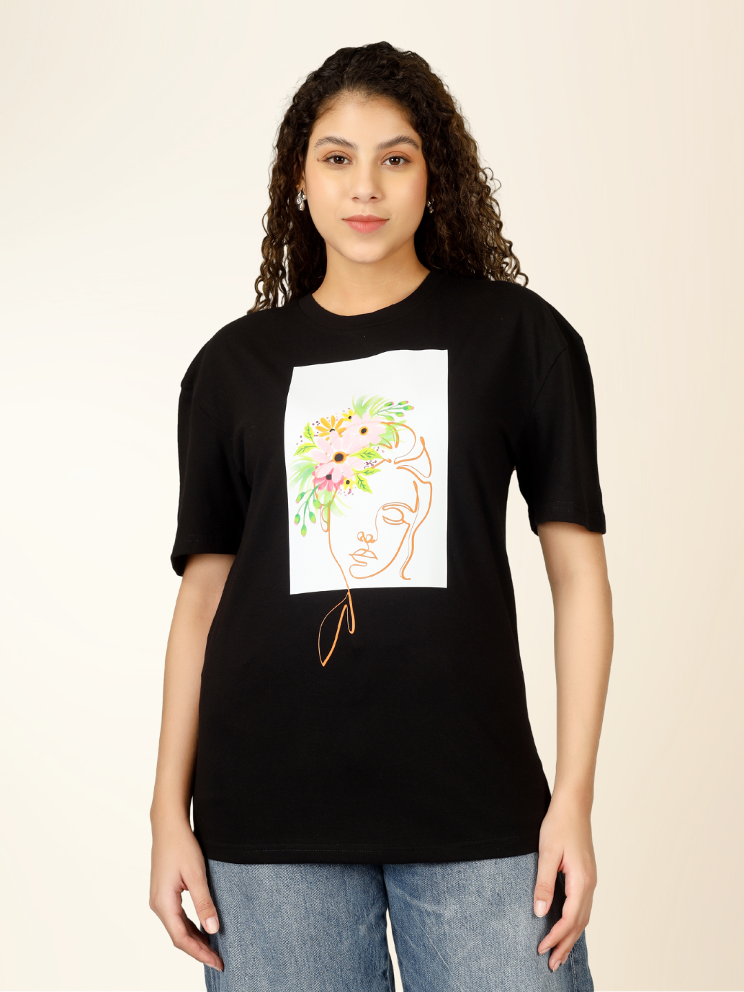 Floral Face Art Black T-shirt