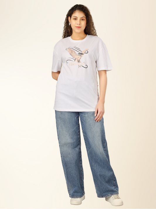 Bird Sketch Oversized White T-shirt