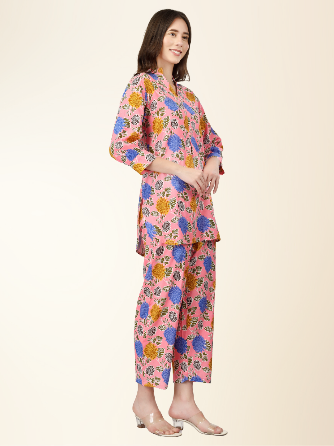Multicolor Floral Co-ord Night Suit – Soft Rayon Shirt & Lounge Pajama Set