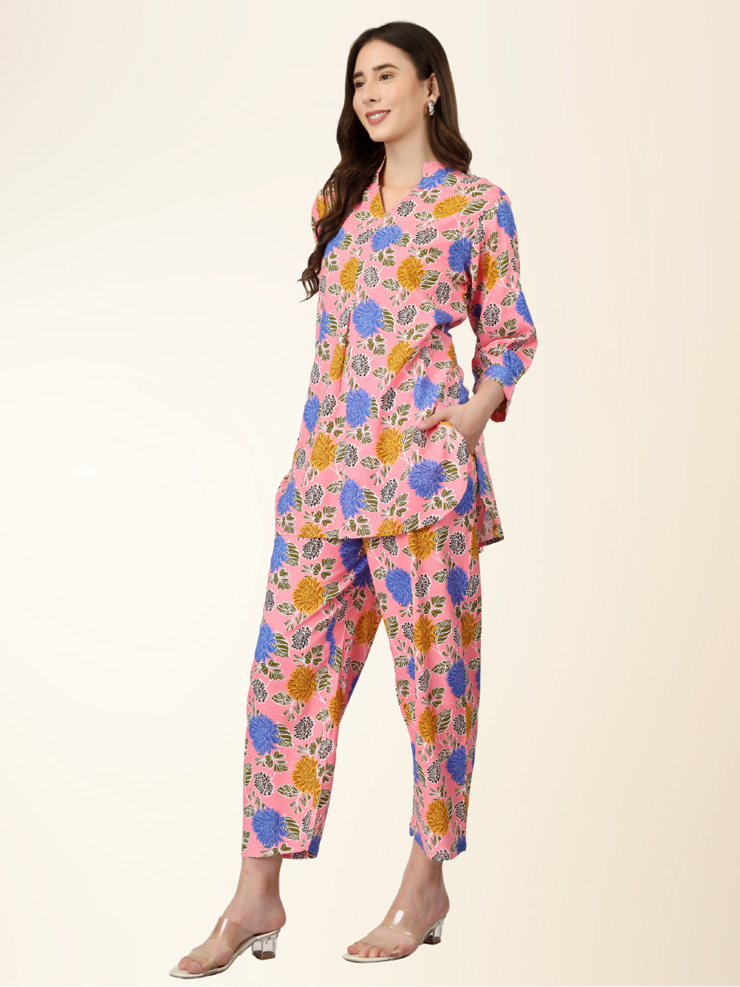 Multicolor Floral Co-ord Night Suit – Soft Rayon Shirt & Lounge Pajama Set