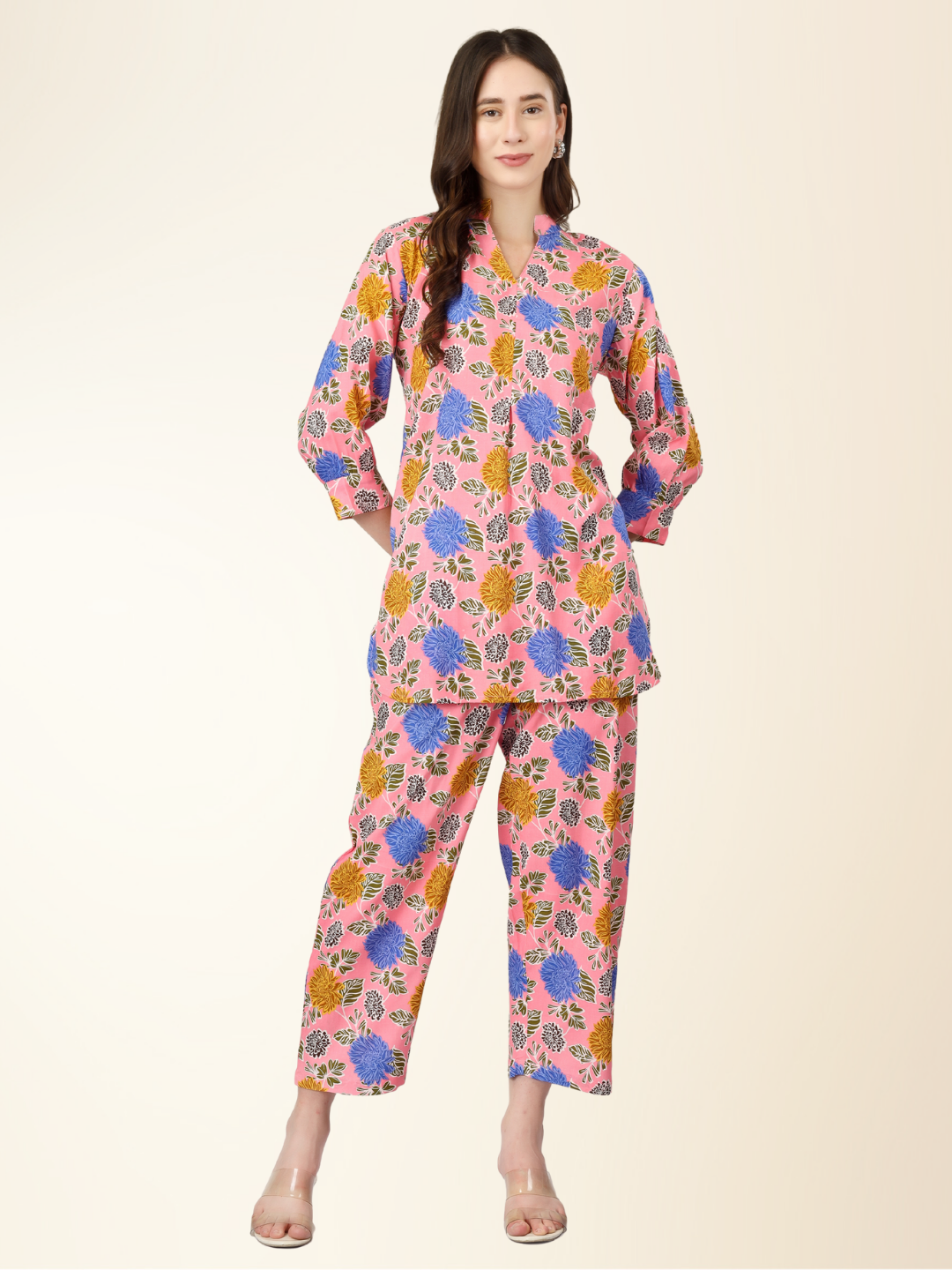 Multicolor Floral Co-ord Night Suit – Soft Rayon Shirt & Lounge Pajama Set