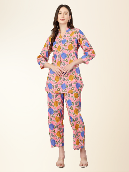 Multicolor Floral Co-ord Night Suit – Soft Rayon Shirt & Lounge Pajama Set