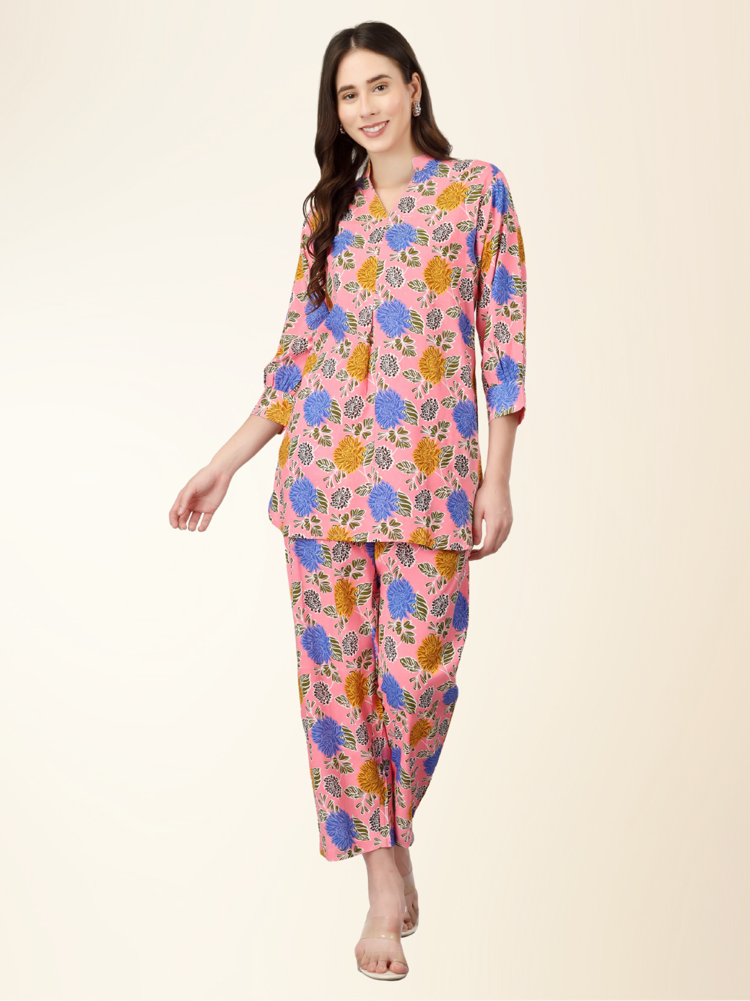 Multicolor Floral Co-ord Night Suit – Soft Rayon Shirt & Lounge Pajama Set